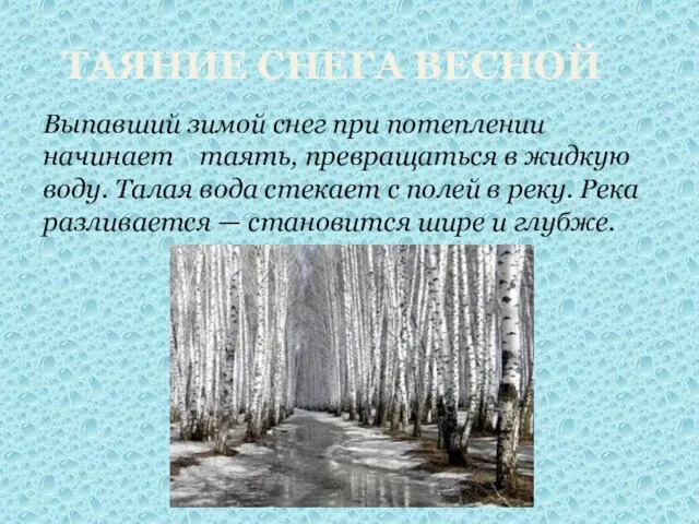 ТАЯНИЕ СНЕГА ВЕСНОЙ Выпавший зимой снег при потеплении начинает таять, превращаться