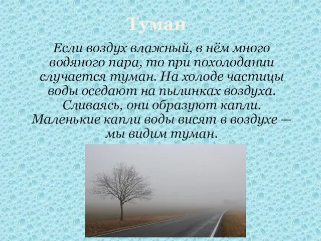 Туман Если воздух влажный, в нём много водяного пара, то при