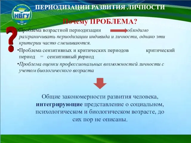 ПЕРИОДИЗАЦИИ РАЗВИТИЯ ЛИЧНОСТИ Почему ПРОБЛЕМА? Проблема возрастной периодизации необходимо разграничивать периодизации