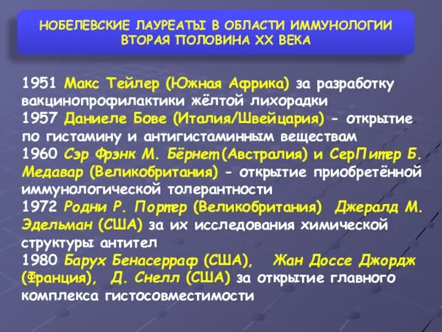 1951 Макс Тейлер (Южная Африка) за разработку вакцинопрофилактики жёлтой лихорадки 1957