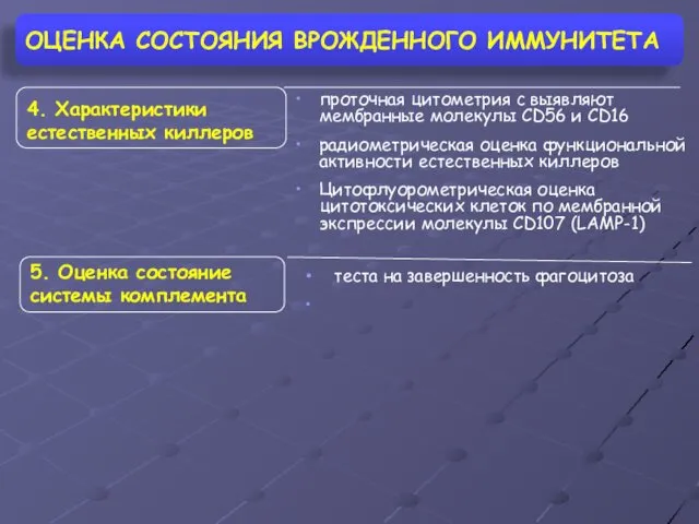 ОЦЕНКА СОСТОЯНИЯ ВРОЖДЕННОГО ИММУНИТЕТА 4. Характеристики естественных киллеров 5. Оценка состояние