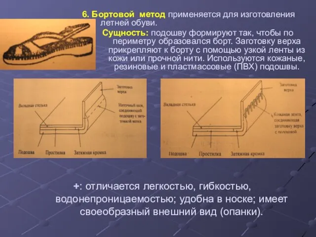 6. Бортовой метод применяется для изготовления летней обуви. Сущность: подошву формируют