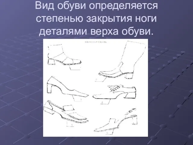 Вид обуви определяется степенью закрытия ноги деталями верха обуви.