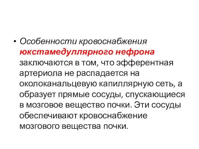 Особенности кровоснабжения юкстамедуллярного нефрона заключаются в том, что эфферентная артериола не