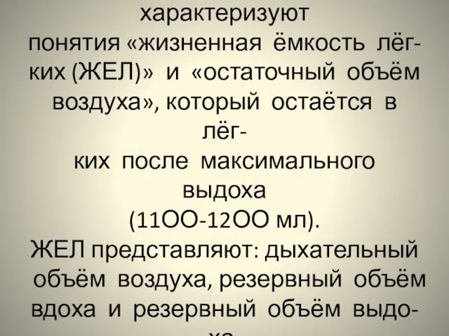 Внешнее дыхание характеризуют понятия «жизненная ёмкость лёг- ких (ЖЕЛ)» и «остаточный