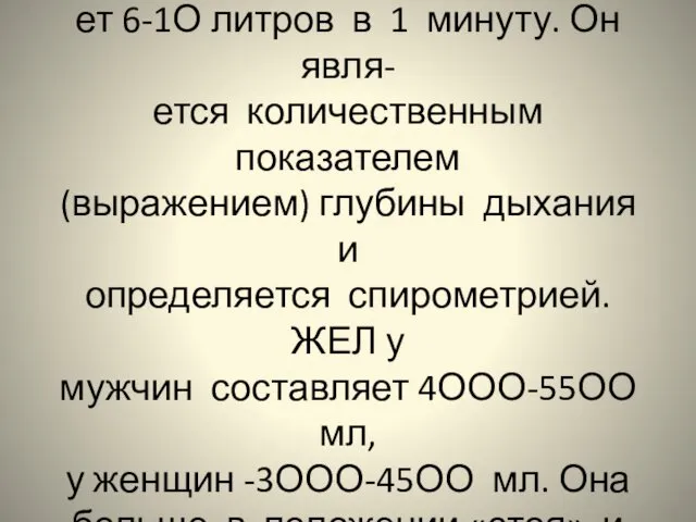 Объём дыхания в норме составля- ет 6-1О литров в 1 минуту.