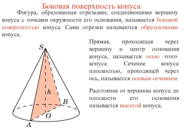 Боковая поверхность конуса Фигура, образованная отрезками, соединяющими вершину конуса с точками