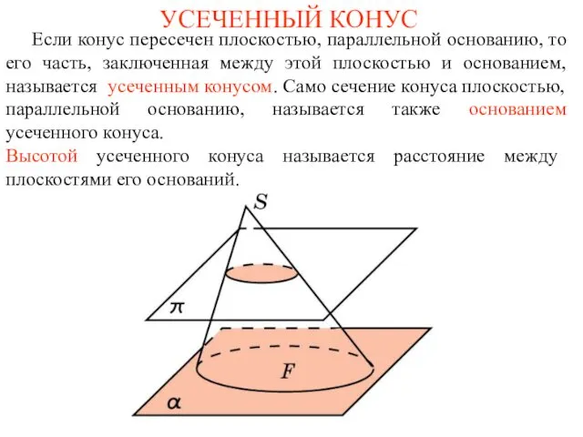 УСЕЧЕННЫЙ КОНУС Если конус пересечен плоскостью, параллельной основанию, то его часть,