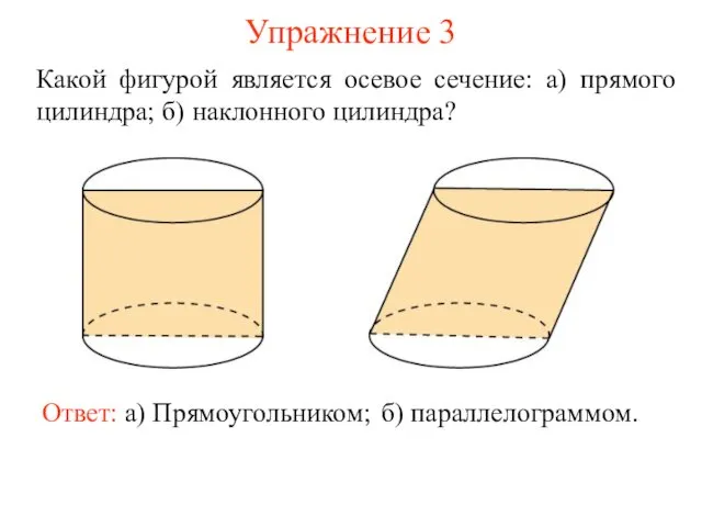 Упражнение 3 Какой фигурой является осевое сечение: а) прямого цилиндра; б) наклонного цилиндра?