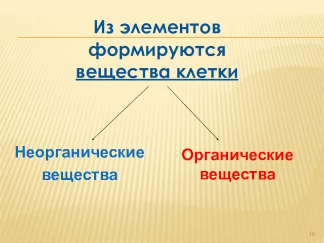 Неорганические вещества Органические вещества Из элементов формируются вещества клетки