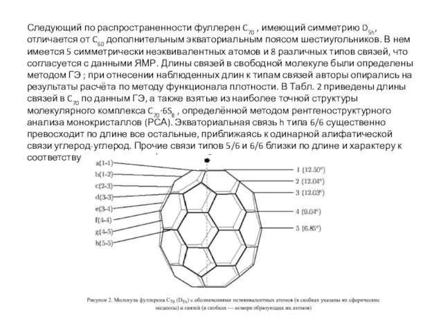 Следующий по распространенности фуллерен C70 , имеющий симметрию D5h, отличается от