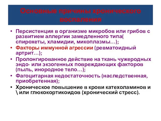 Основные причины хронического воспаления Персистенция в организме микробов или грибов с