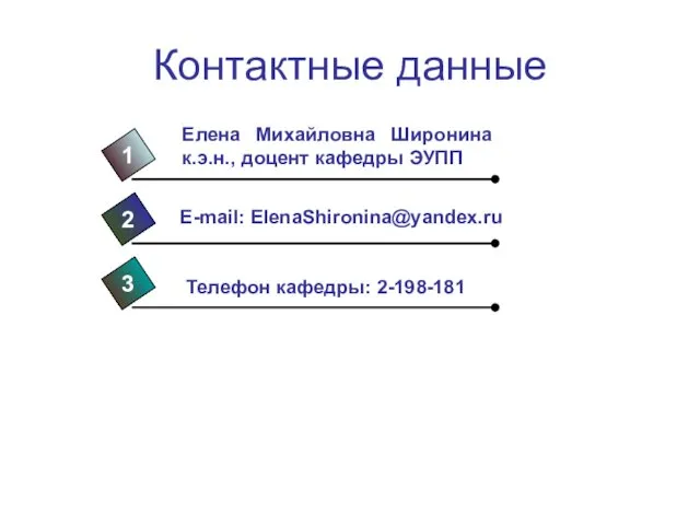 Контактные данные Елена Михайловна Широнина к.э.н., доцент кафедры ЭУПП 1 2