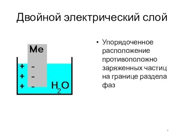 Двойной электрический слой Упорядоченное расположение противоположно заряженных частиц на границе раздела фаз