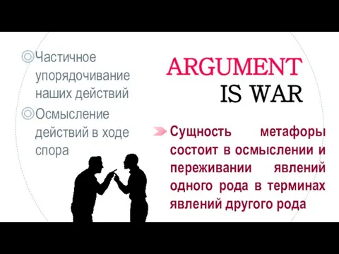 Частичное упорядочивание наших действий Осмысление действий в ходе спора ARGUMENT IS