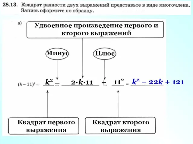 Удвоенное произведение первого и второго выражений k2 Минус 2·k·11 – Квадрат