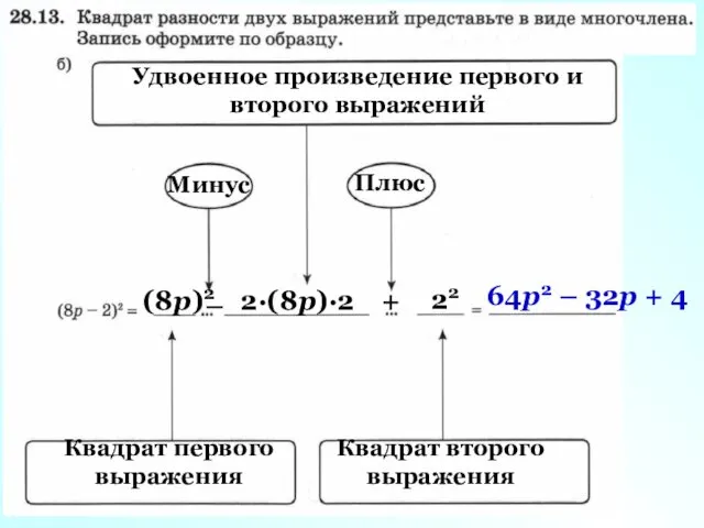 Удвоенное произведение первого и второго выражений (8p)2 Минус 2·(8p)·2 – Квадрат