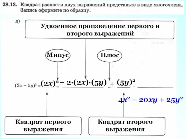 Удвоенное произведение первого и второго выражений (2х)2 Минус 2·(2х)·(5у) – Квадрат