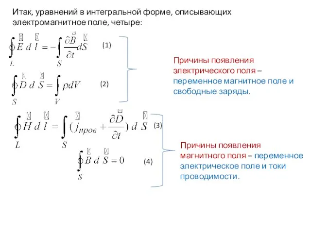 Итак, уравнений в интегральной форме, описывающих электромагнитное поле, четыре: Причины появления