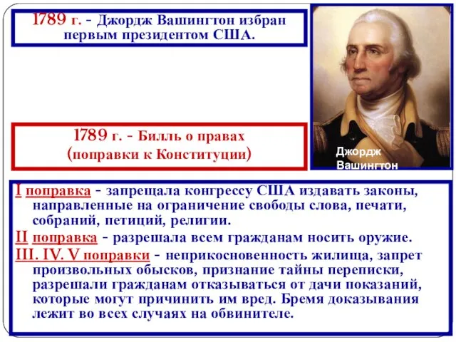 Джордж Вашингтон 1789 г. - Билль о правах (поправки к Конституции)