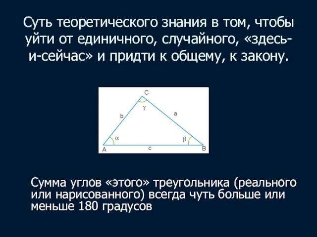 Суть теоретического знания в том, чтобы уйти от единичного, случайного, «здесь-и-сейчас»