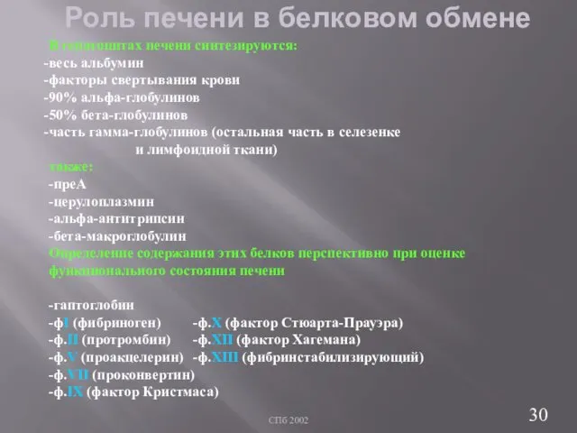 СПб 2002 Роль печени в белковом обмене В гепатоцитах печени синтезируются: