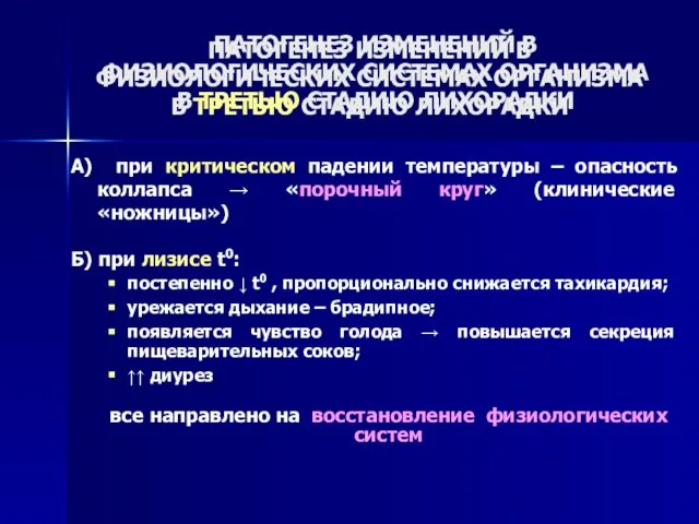 ПАТОГЕНЕЗ ИЗМЕНЕНИЙ В ФИЗИОЛОГИЧЕСКИХ СИСТЕМАХ ОРГАНИЗМА В ТРЕТЬЮ СТАДИЮ ЛИХОРАДКИ А)