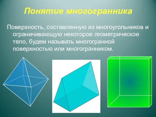 Понятие многогранника Поверхность, составленную из многоугольников и ограничивающую некоторое геометрическое тело,