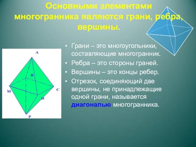 Грани – это многоугольники, составляющие многогранник. Ребра – это стороны граней.