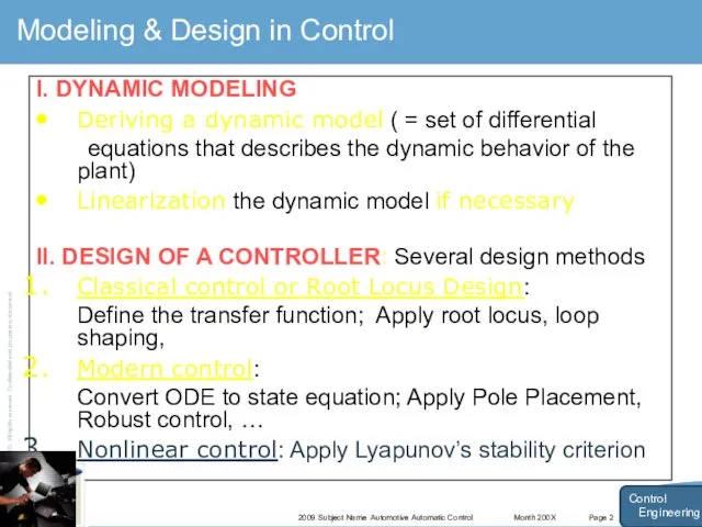 Month 200X 2009 Subject Name Automotive Automatic Control Page 2 Modeling