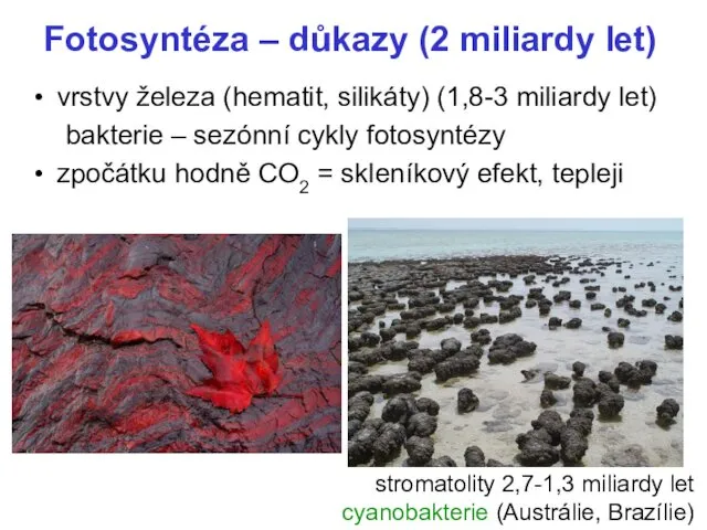 Fotosyntéza – důkazy (2 miliardy let) vrstvy železa (hematit, silikáty) (1,8-3