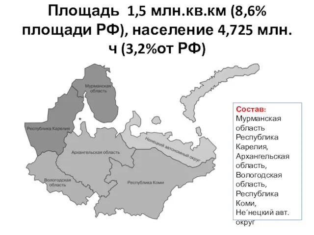 Площадь 1,5 млн.кв.км (8,6% площади РФ), население 4,725 млн.ч (3,2%от РФ)