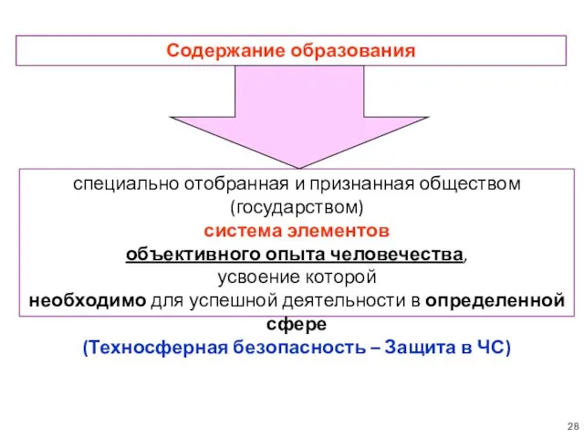 специально отобранная и признанная обществом (государством) система элементов объективного опыта человечества,