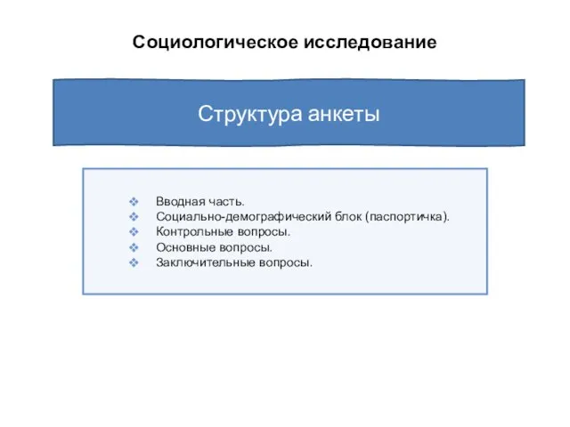 Социологическое исследование Вводная часть. Социально-демографический блок (паспортичка). Контрольные вопросы. Основные вопросы. Заключительные вопросы. Структура анкеты