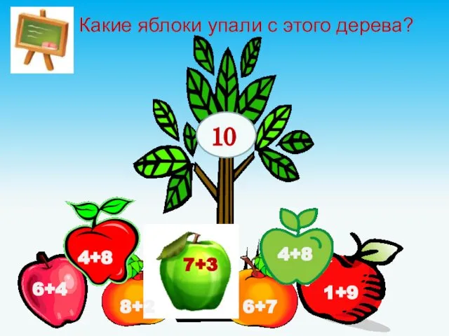 Какие яблоки упали с этого дерева? 10 6+4 4+8 7+3 6+7 8+2 1+9 4+8