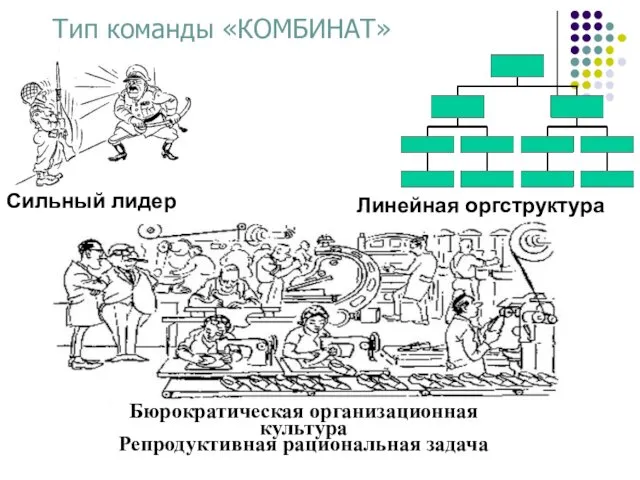 Тип команды «КОМБИНАТ» Сильный лидер Линейная оргструктура