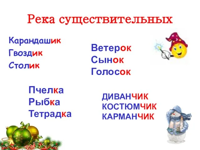 Река существительных Карандашик Гвоздик Столик Ветерок Сынок Голосок Пчелка Рыбка Тетрадка ДИВАНЧИК КОСТЮМЧИК КАРМАНЧИК