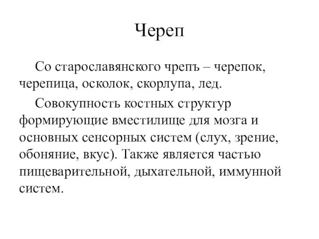 Череп Со старославянского чрепъ – черепок, черепица, осколок, скорлупа, лед. Совокупность