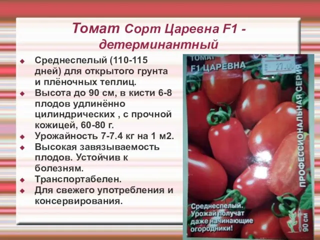 Томат Сорт Царевна F1 - детерминантный Среднеспелый (110-115 дней) для открытого