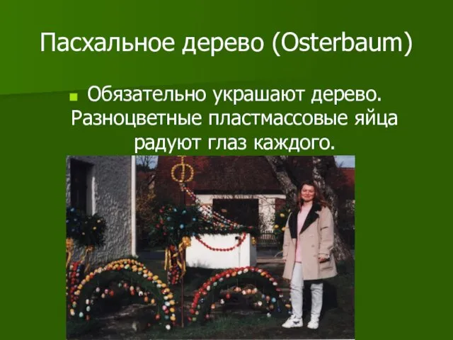 Пасхальное дерево (Osterbaum) Обязательно украшают дерево. Разноцветные пластмассовые яйца радуют глаз каждого.