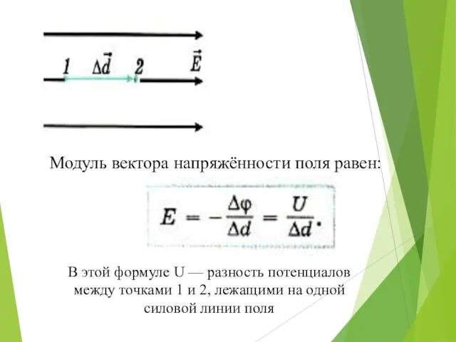 Модуль вектора напряжённости поля равен: В этой формуле U — разность