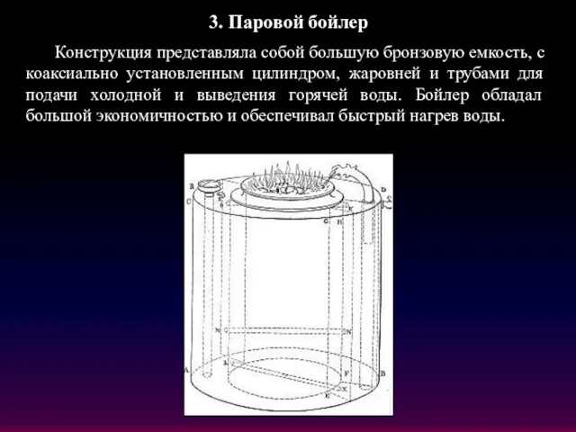 3. Паровой бойлер Конструкция представляла собой большую бронзовую емкость, с коаксиально