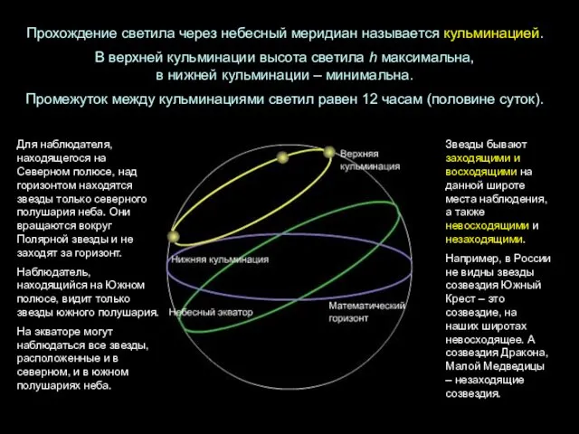 Прохождение светила через небесный меридиан называется кульминацией. В верхней кульминации высота