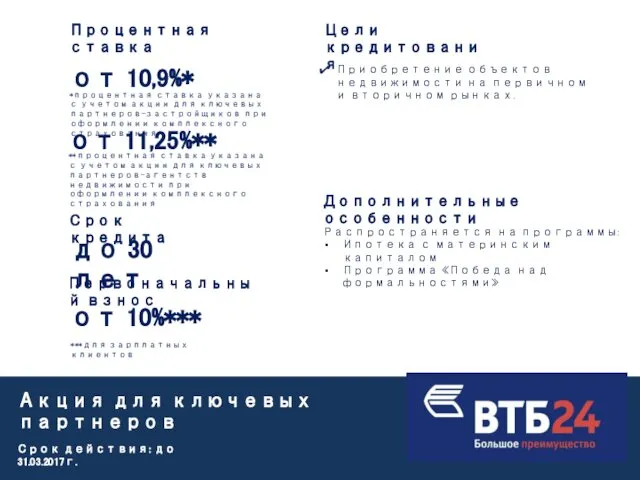 Акция для ключевых партнеров Процентная ставка от 10,9%* Срок кредита до