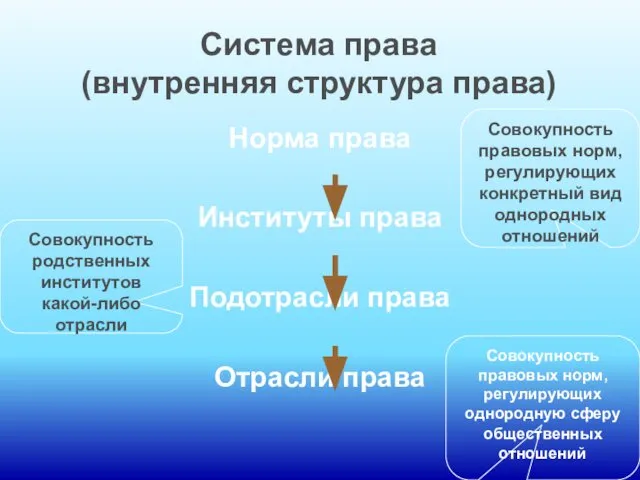 Система права (внутренняя структура права) Норма права Институты права Подотрасли права