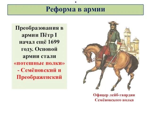 Офицер лейб-гвардии Семёновского полка Преобразования в армии Пётр I начал ещё