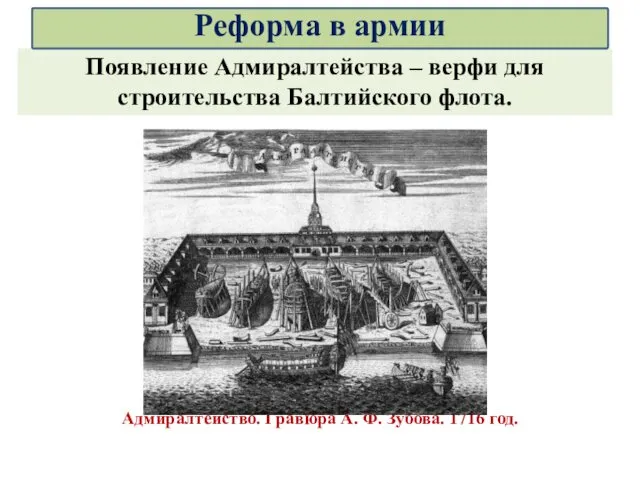 Адмиралтейство. Гравюра А. Ф. Зубова. 1716 год. Появление Адмиралтейства – верфи