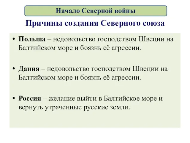 Причины создания Северного союза Польша – недовольство господством Швеции на Балтийском