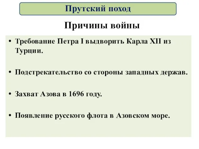 Причины войны Требование Петра I выдворить Карла XII из Турции. Подстрекательство