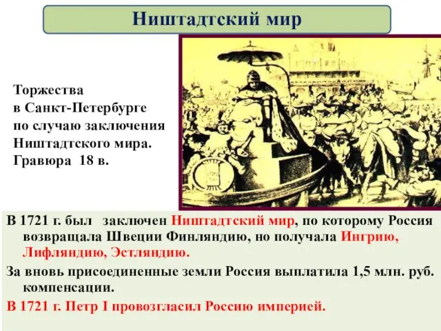 В 1721 г. был заключен Ништадтский мир, по которому Россия возвращала